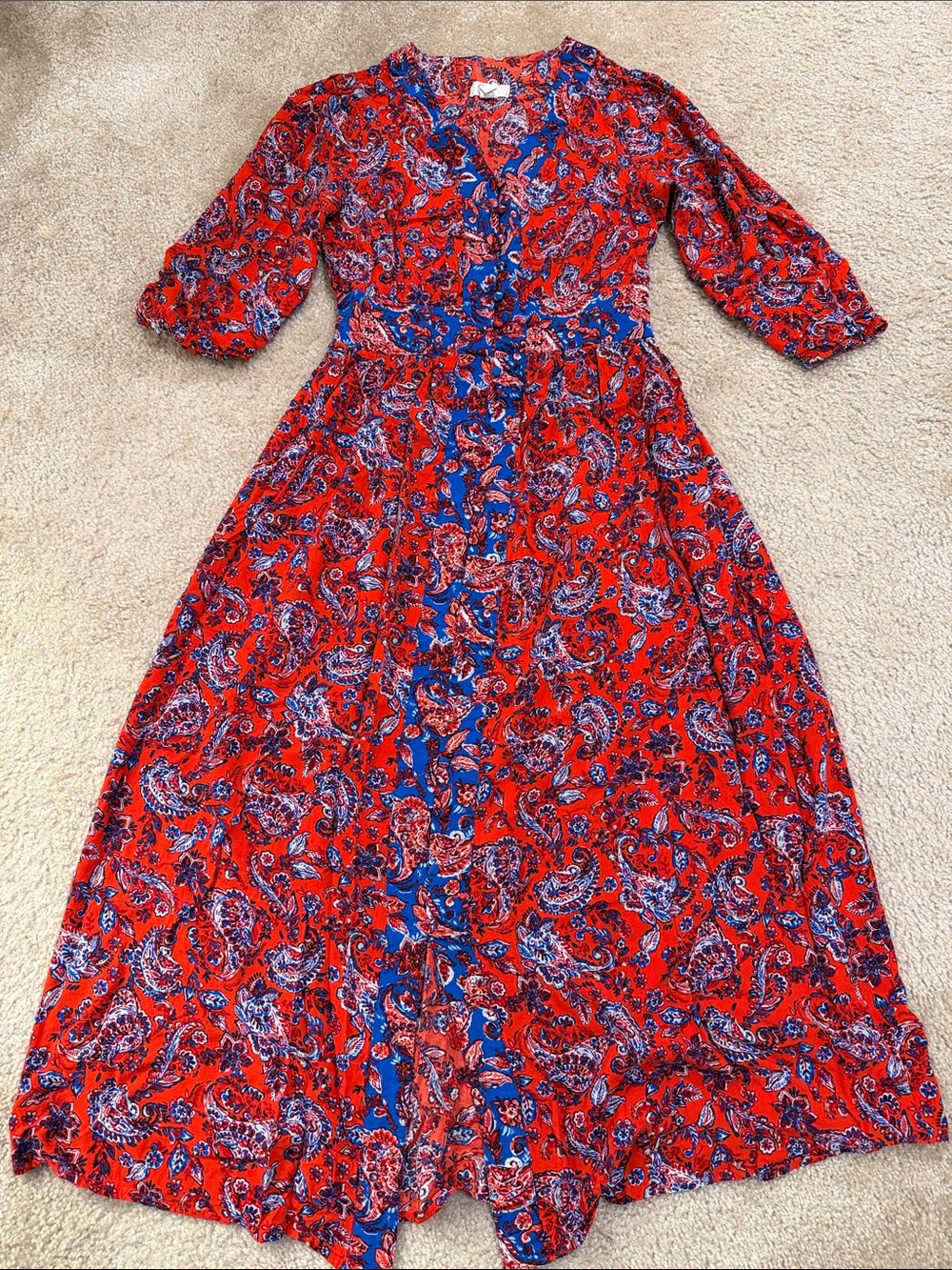 Japna Red Paisley Maxi Dress with Blue Trim